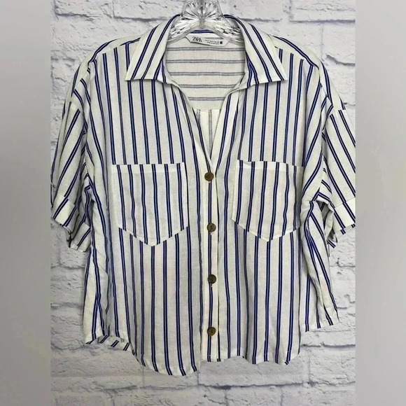 Zara Linen Blend Striped Nautical Button Down Crop Top - Picture 4 of 7